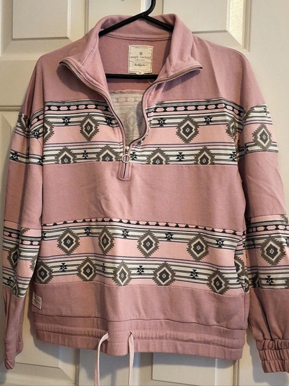 Simply Southern Geometric Quarter-Zip Pullover in Pink Size Medium